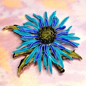 Fabulous Blues and Greens Enamel Bachelor Button Brooch by Coro Craft Vtg 1950's
